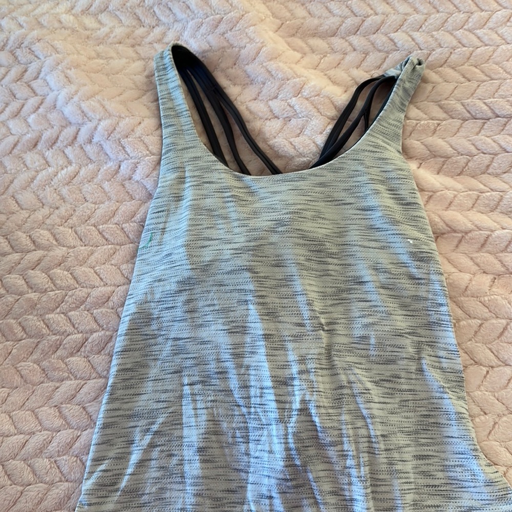 Open back gray tank top with darker bra built in